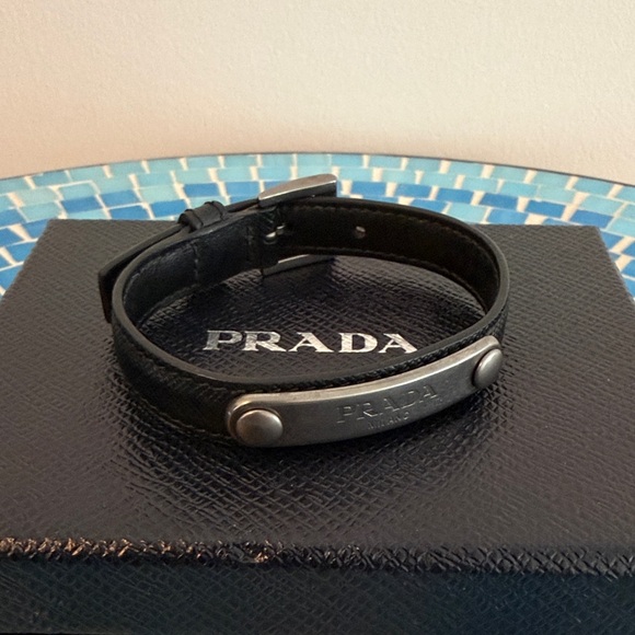 Prada Other - Prada Black Leather Bracelet with Brushed Metal Logo Plate